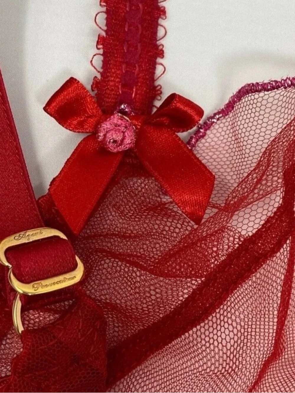 Agent Provocateur ❤️ Sheer Red sparkle Pink 💖 Scalloped Underwire Bra 32 DD / 32